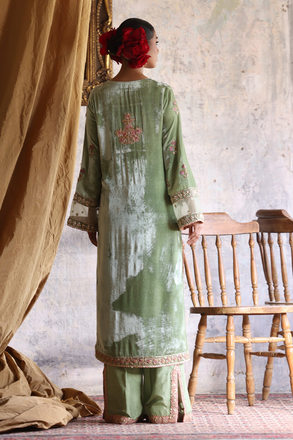 Sea Foam Green Embroidered Velvet Salwar Kameez (3-Piece) - Image 3