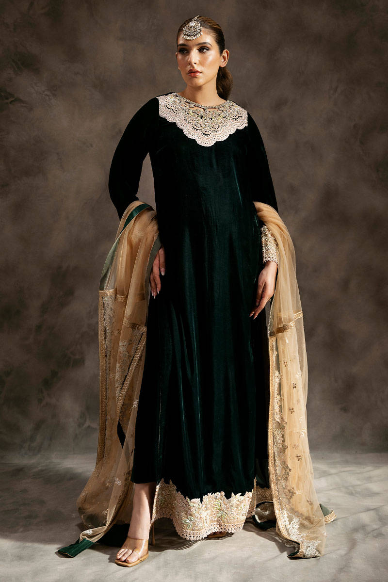Pakistani Emerald Green Handworked Velvet Salwar Kameez (3-Piece) - Image 1