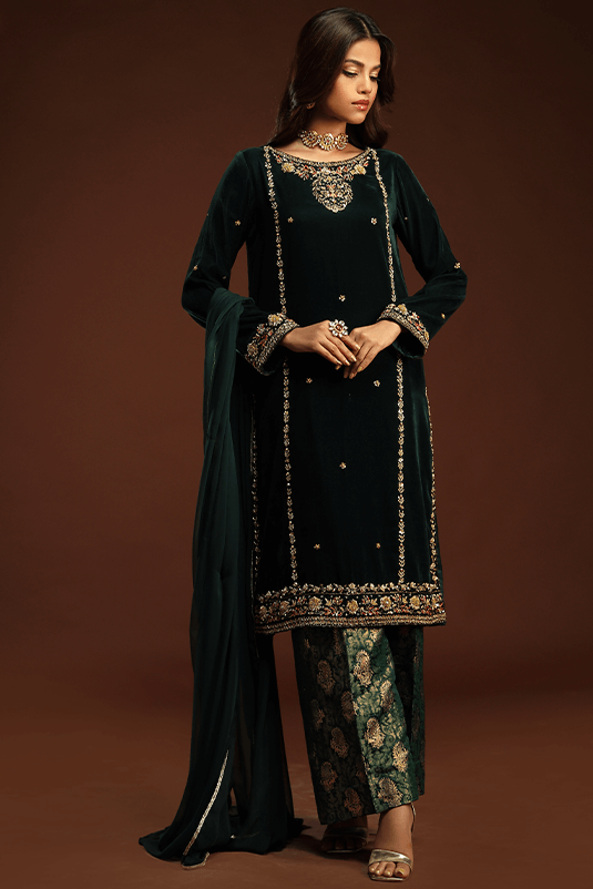 Emerald Green Embroidered Velvet Salwar Kameez (3-Piece) - Image 2