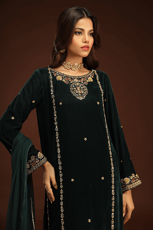 Emerald Green Embroidered Velvet Salwar Kameez (3-Piece) - Image 3