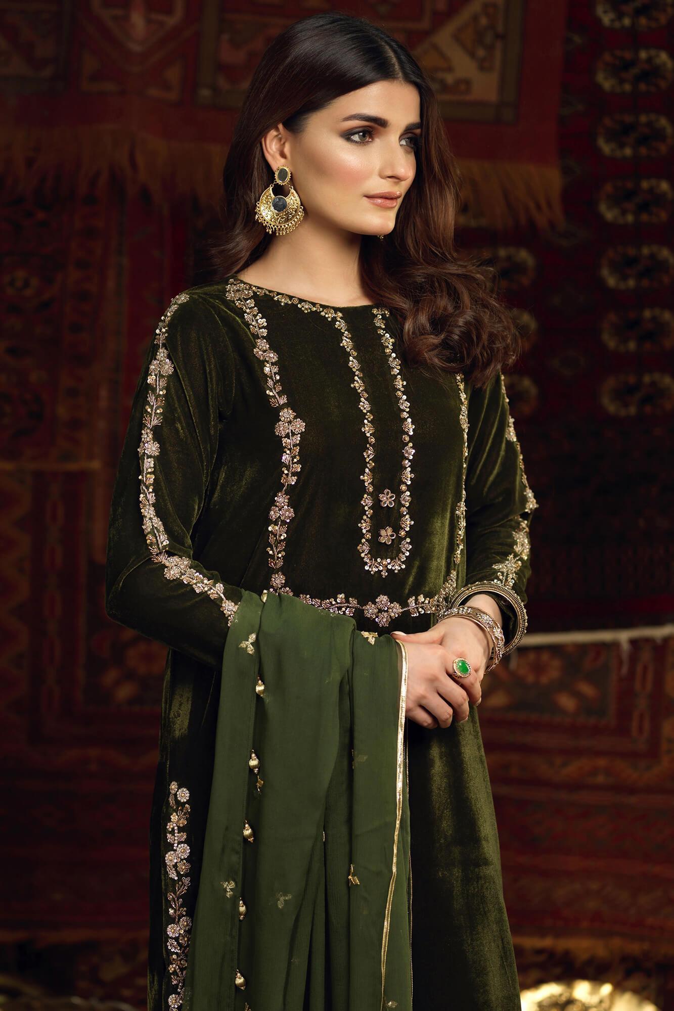 Jade Green Embroidered Velvet Salwar Kameez (3-Piece) - Image 1