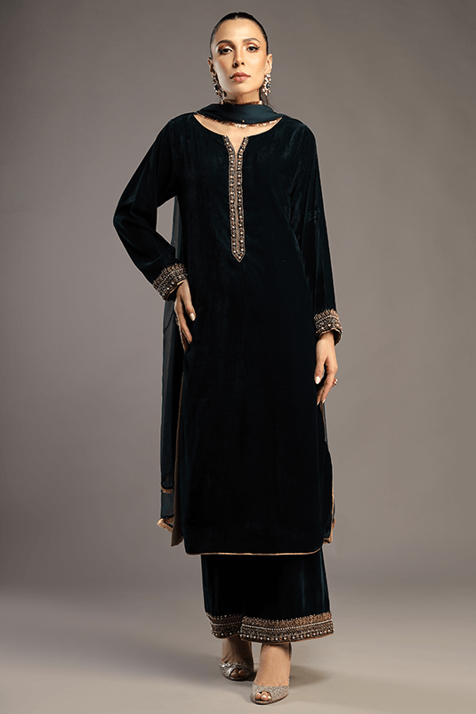 Pakistani Teal Hand-Embellished Velvet Salwar Kameez (3-Piece) - Image 1