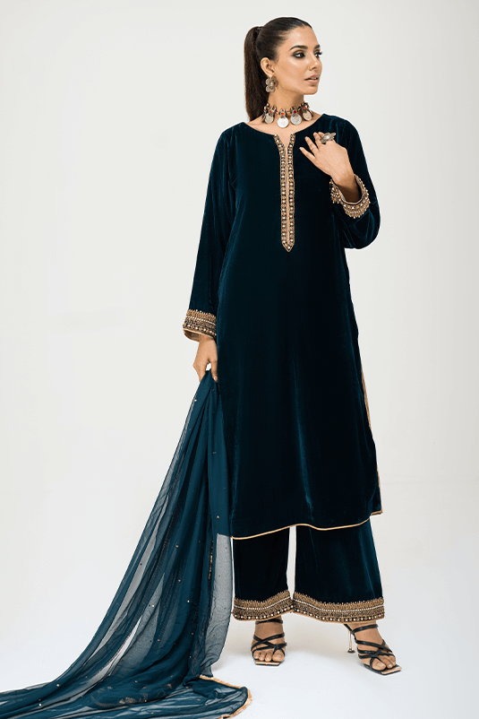 Pakistani Teal Hand-Embellished Velvet Salwar Kameez (3-Piece) - Image 3