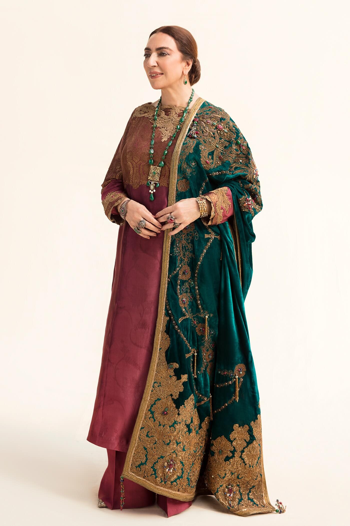 Emerald Embellished Velvet Shawl with Tissue Silk Salwar Kameez (3-Piece) - Image 1