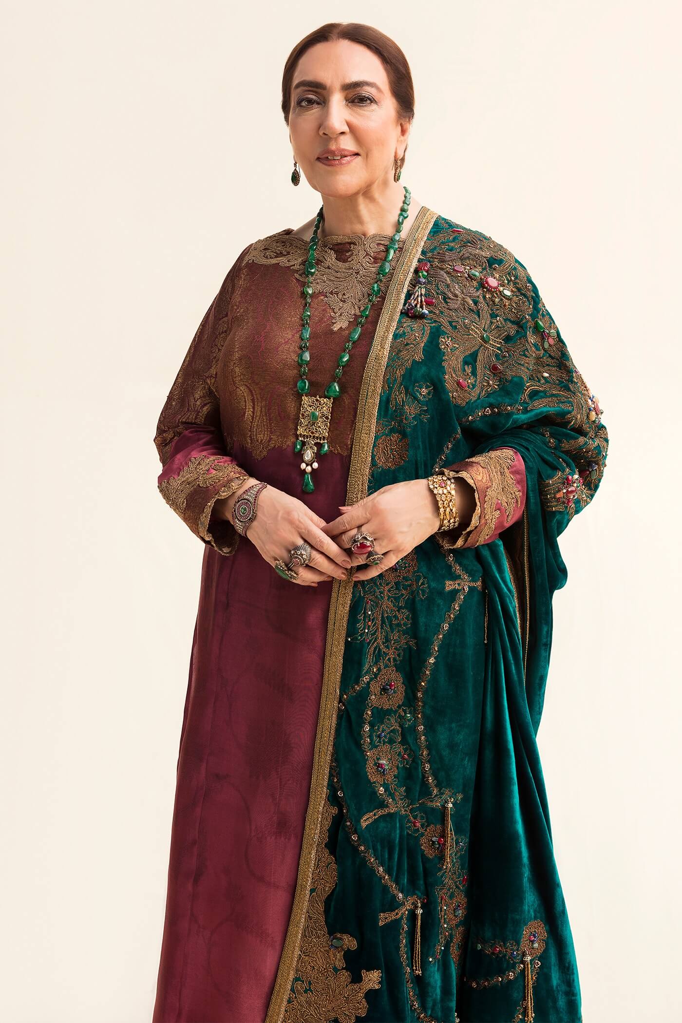 Emerald Embellished Velvet Shawl with Tissue Silk Salwar Kameez (3-Piece) - Image 3