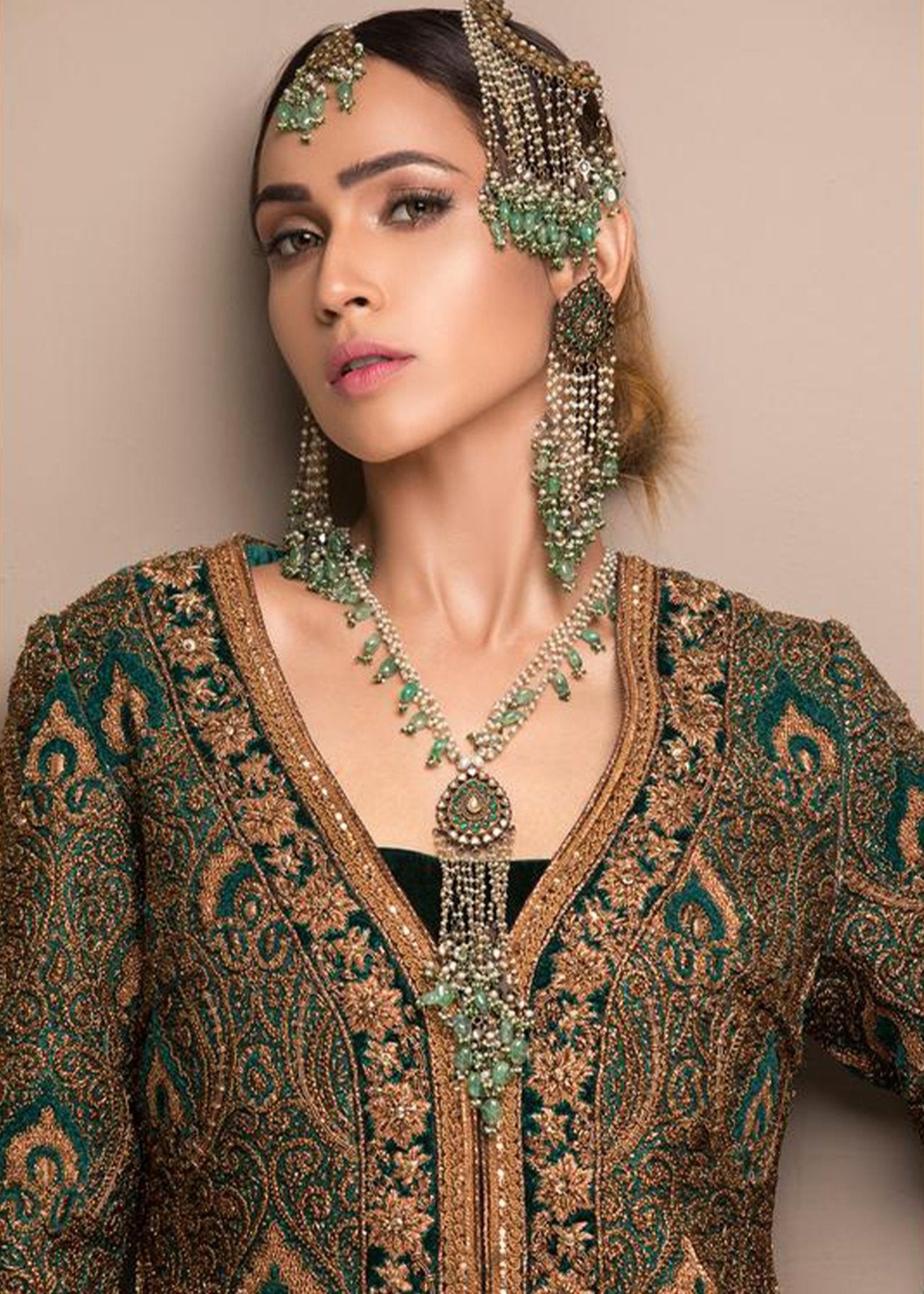 Emerald Green Naqshee Embroidered Velvet Coat (2-Piece) - Image 2
