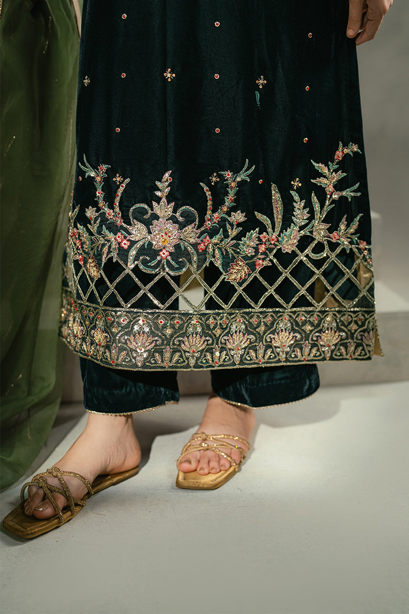 Bottle Green Embroidered Velvet Salwar Kameez (3-Piece) - Image 10