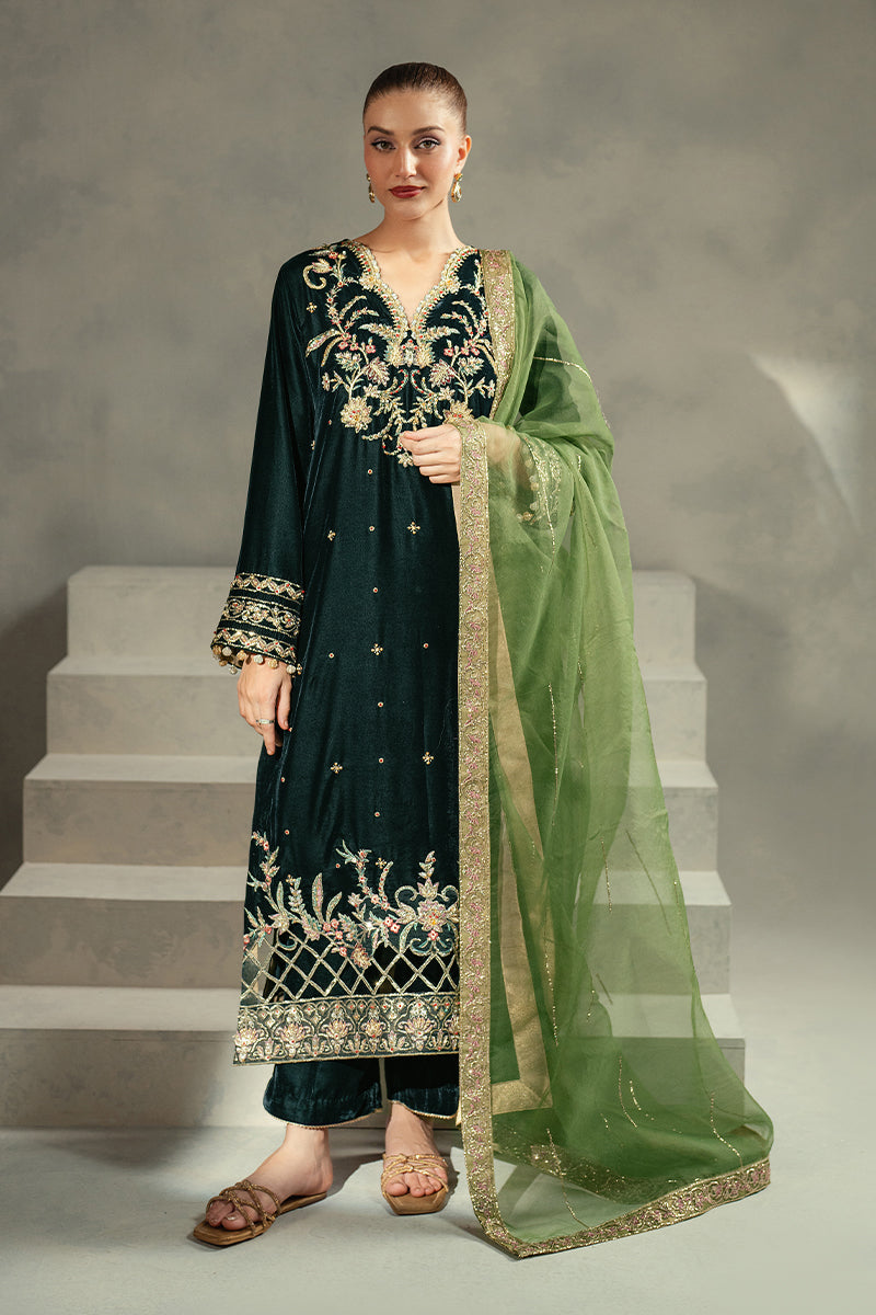 Bottle Green Embroidered Velvet Salwar Kameez (3-Piece) - Image 11