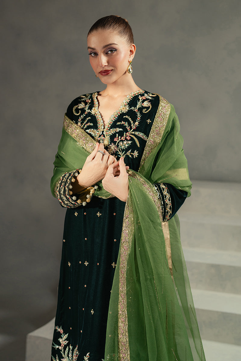 Bottle Green Embroidered Velvet Salwar Kameez (3-Piece) - Image 3