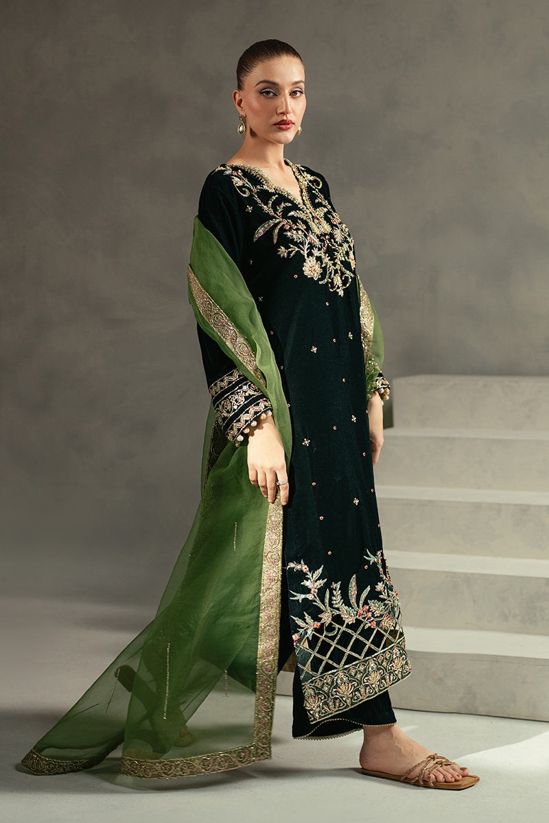 Bottle Green Embroidered Velvet Salwar Kameez (3-Piece) - Image 4