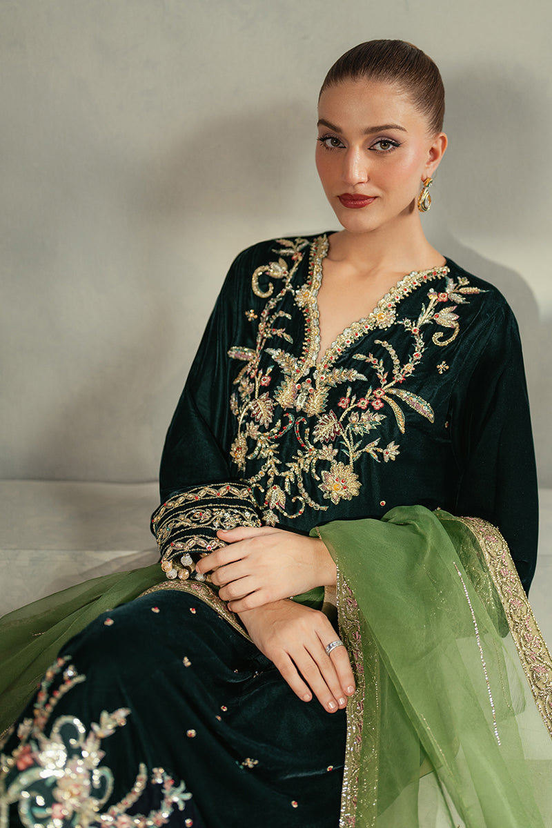 Bottle Green Embroidered Velvet Salwar Kameez (3-Piece) - Image 5