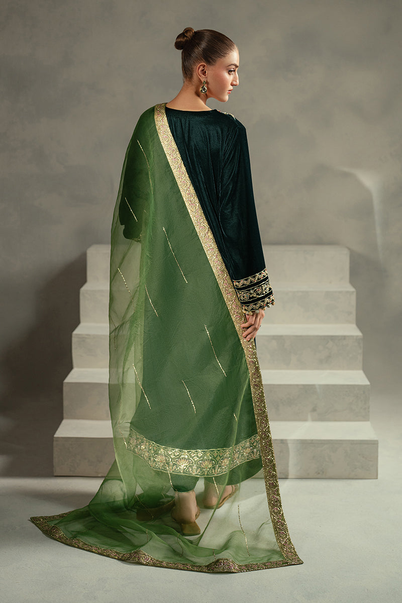Bottle Green Embroidered Velvet Salwar Kameez (3-Piece) - Image 7
