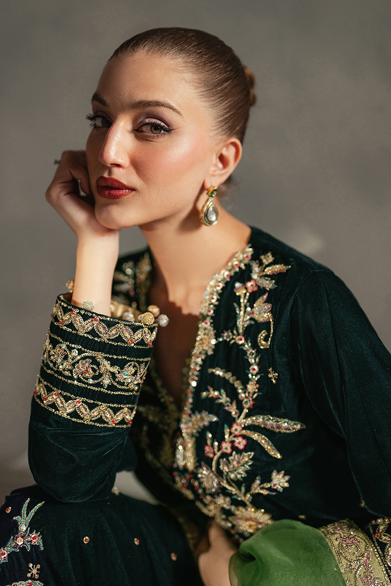 Bottle Green Embroidered Velvet Salwar Kameez (3-Piece) - Image 8