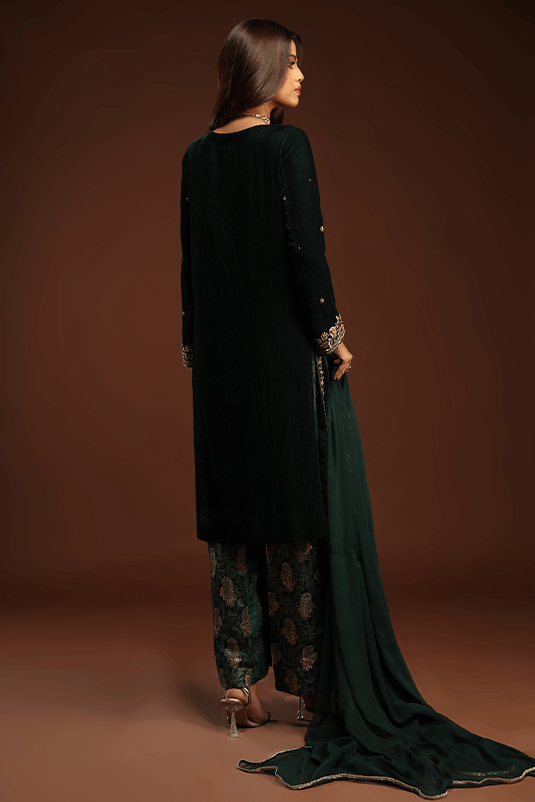 Emerald Green Embroidered Velvet Salwar Kameez (3-Piece) - Image 5