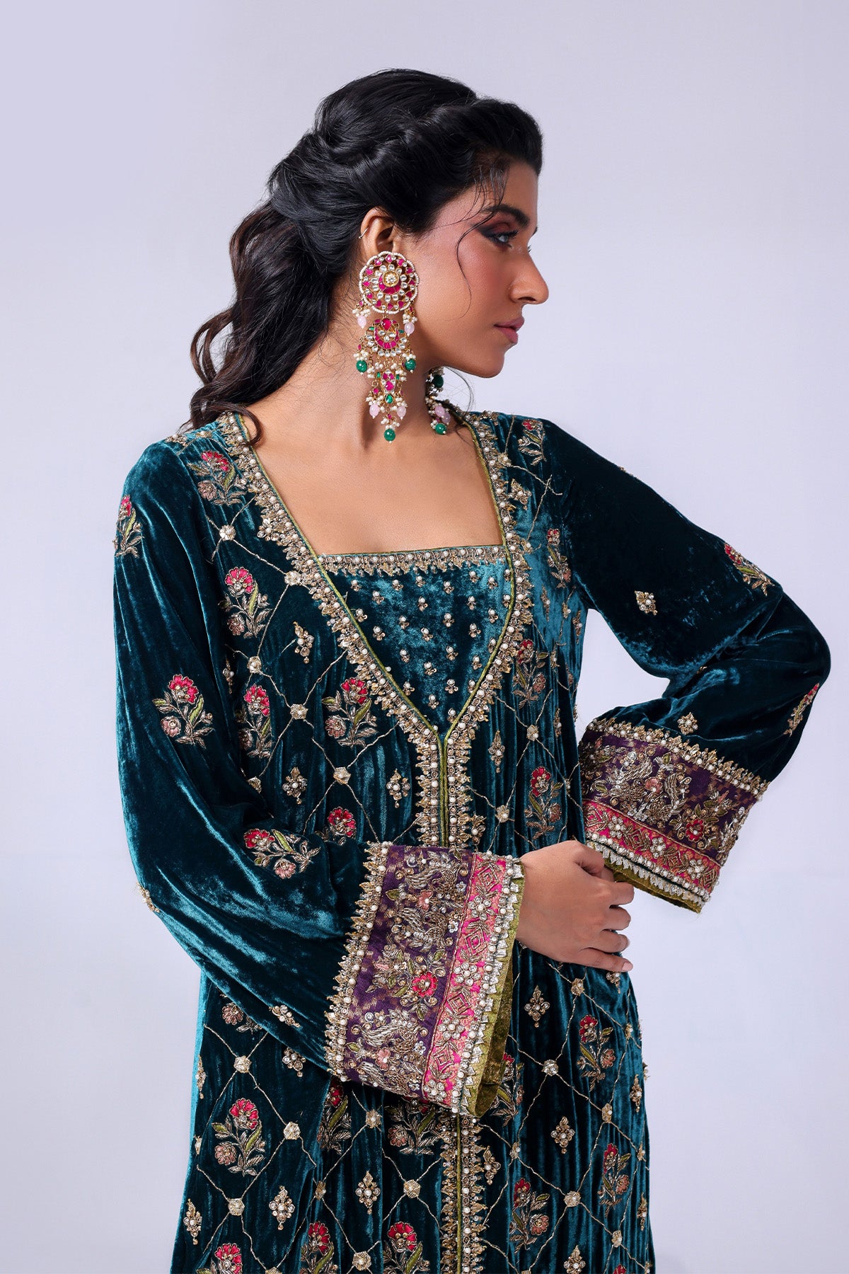 Teal Green Embroidered Velvet Long Jacket Salwar Kameez (2-Piece) - Image 1