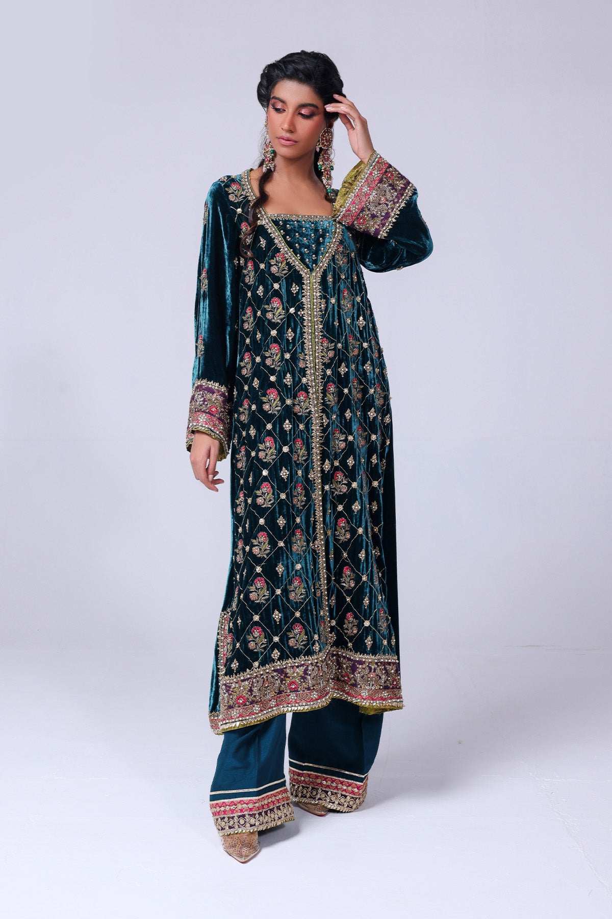 Teal Green Embroidered Velvet Long Jacket Salwar Kameez (2-Piece) - Image 2