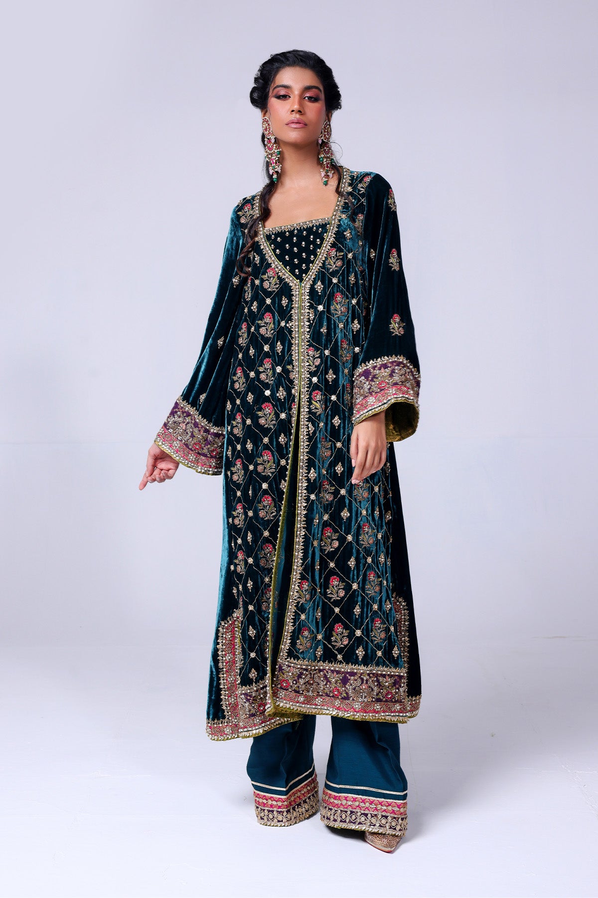 Teal Green Embroidered Velvet Long Jacket Salwar Kameez (2-Piece) - Image 3