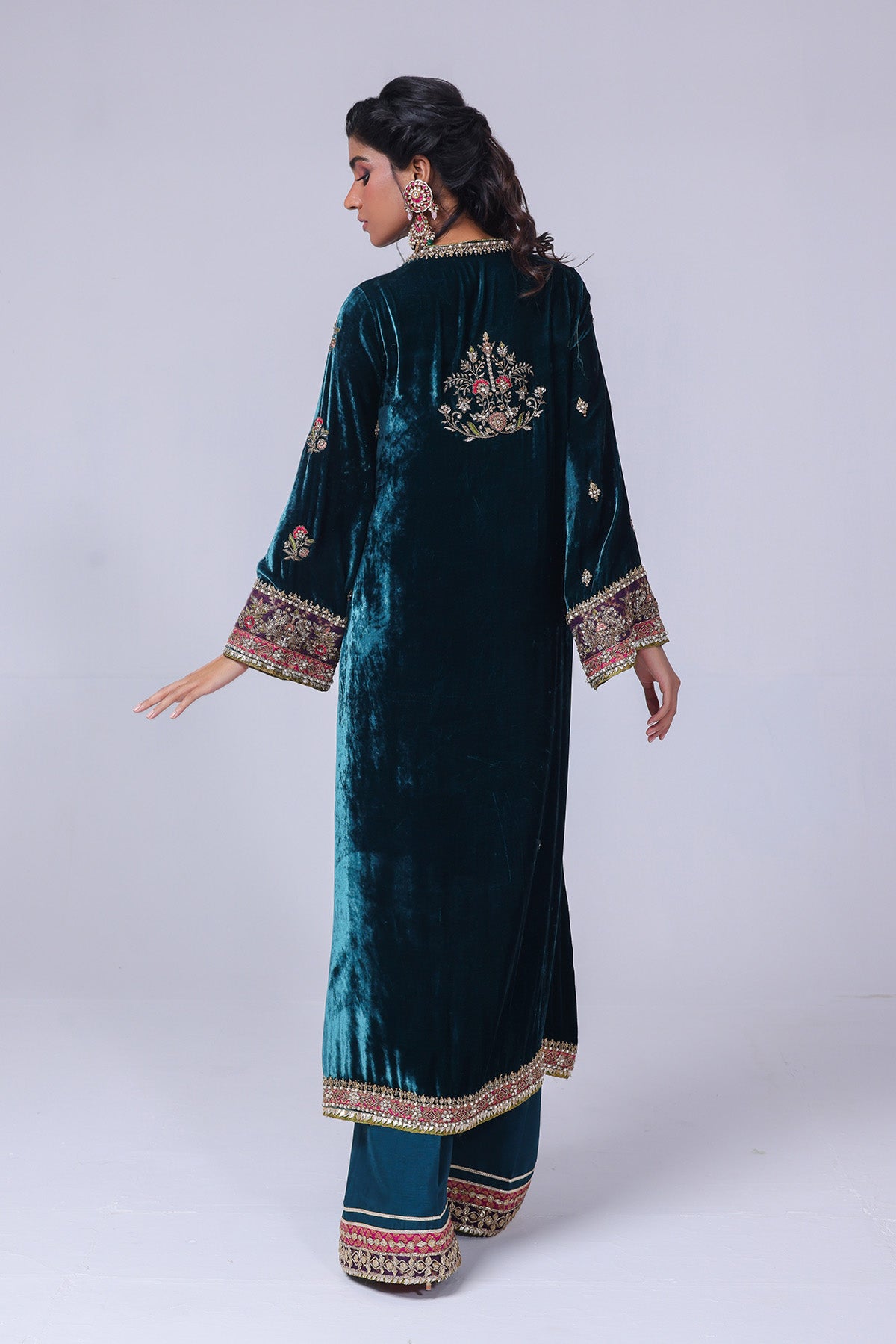 Teal Green Embroidered Velvet Long Jacket Salwar Kameez (2-Piece) - Image 4