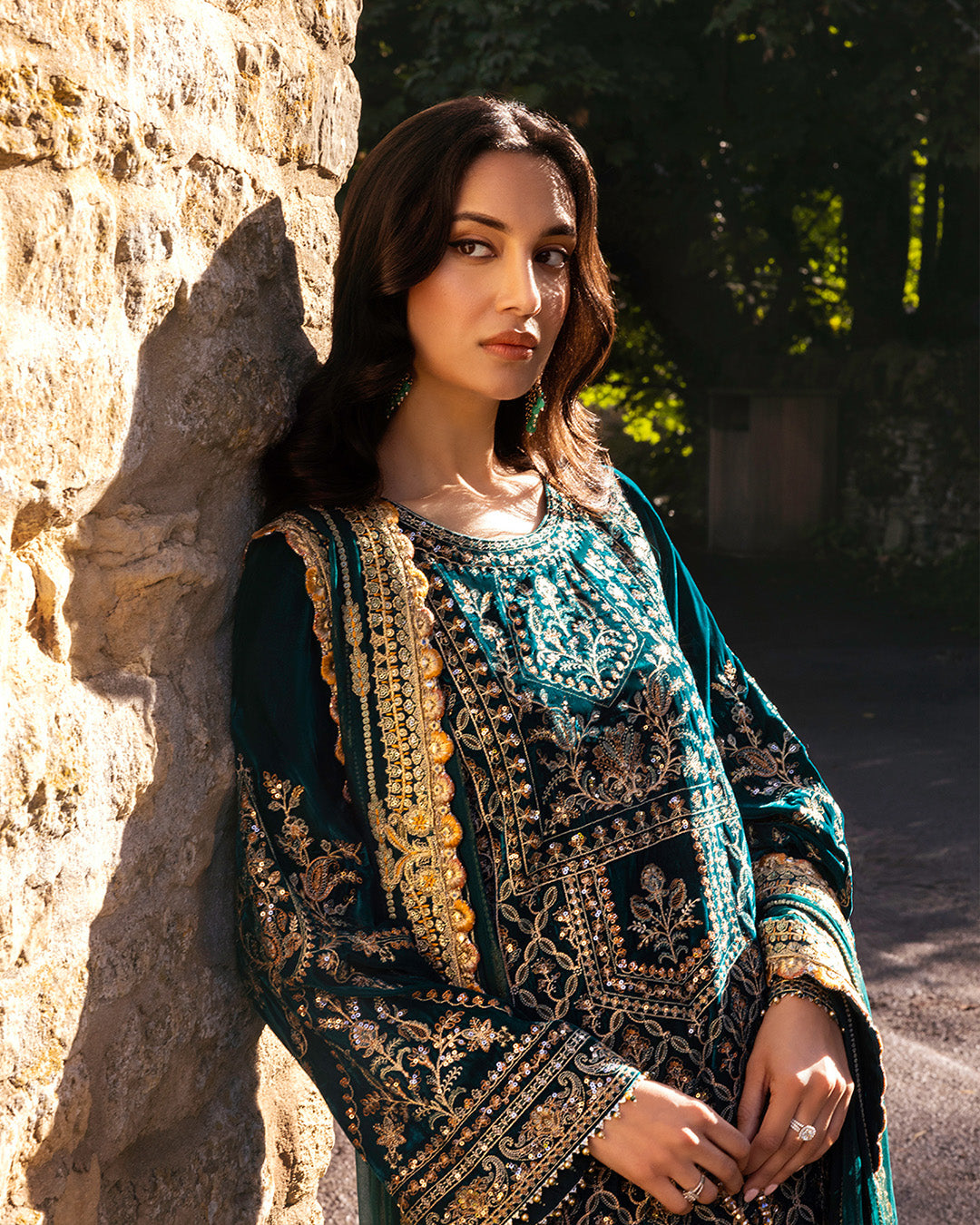 Teal Embroidered Velvet Salwar Kameez (3-Piece) - Image 4