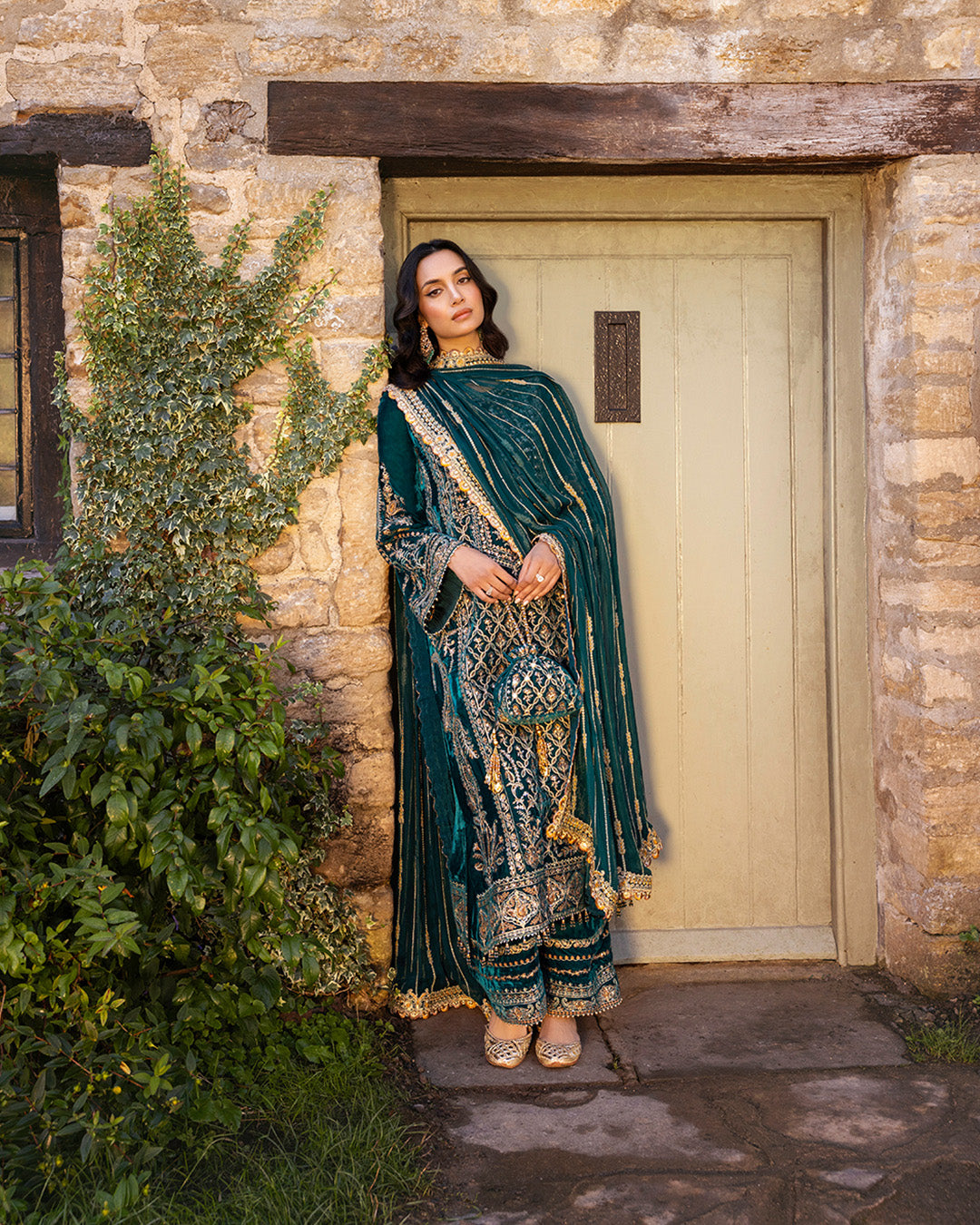 Teal Embroidered Velvet Salwar Kameez (3-Piece) - Image 5