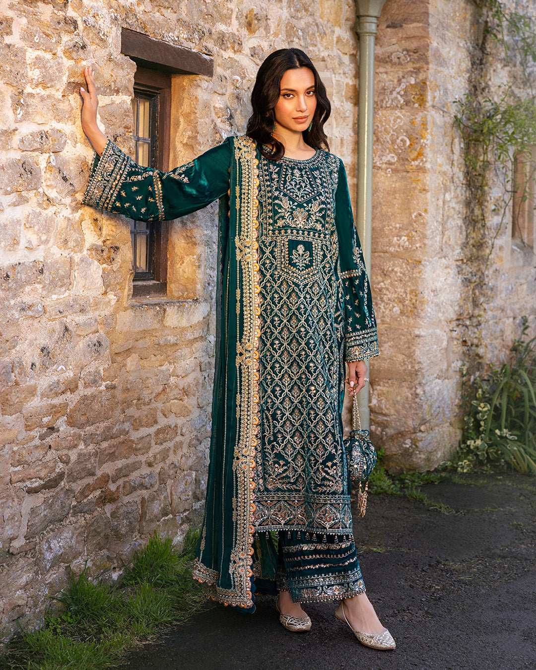 Teal Embroidered Velvet Salwar Kameez (3-Piece) - Image 6