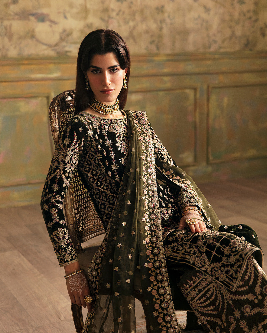 Olive Green Embroidered Velvet Salwar Kameez (3-Piece) - Image 4