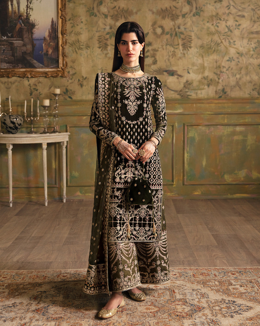 Olive Green Embroidered Velvet Salwar Kameez (3-Piece) - Image 1