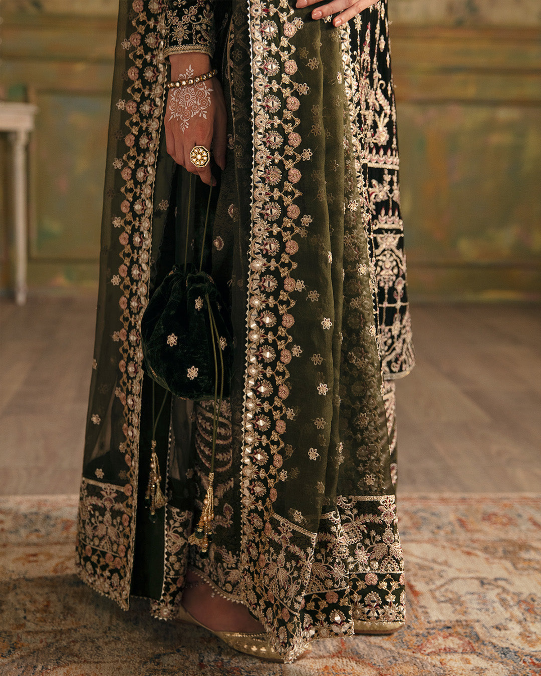 Olive Green Embroidered Velvet Salwar Kameez (3-Piece) - Image 5