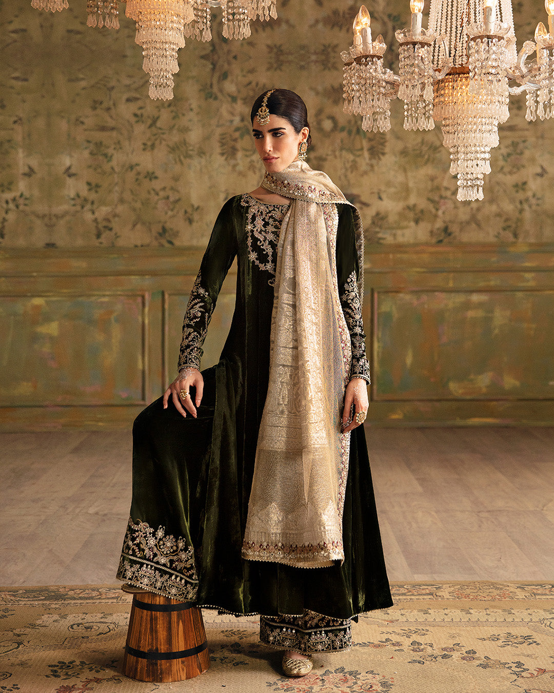 Olive Green Embroidered Velvet Salwar Kameez (3-Piece) - Image 3