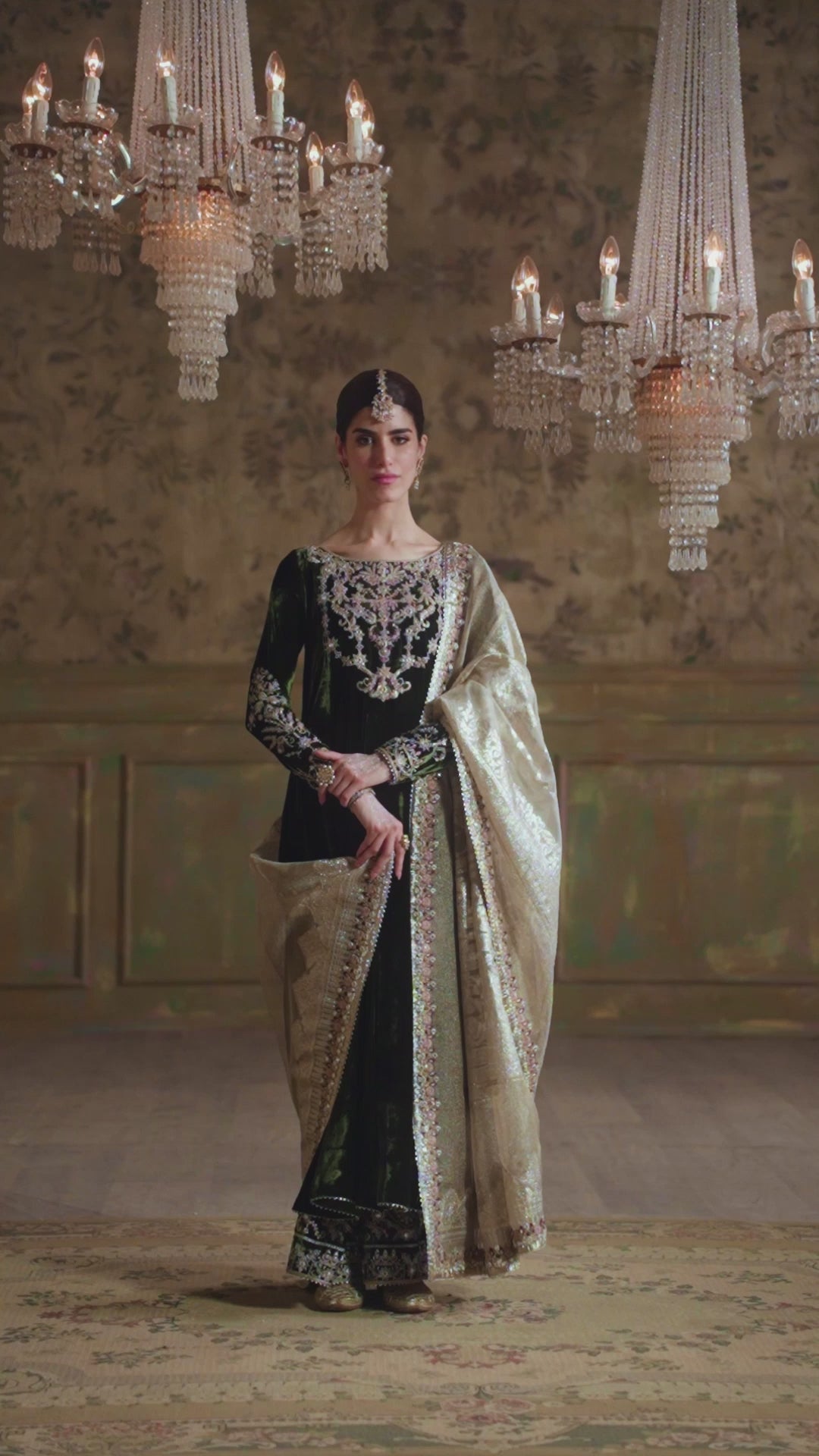 Olive Green Embroidered Velvet Salwar Kameez (3-Piece) - Image 6