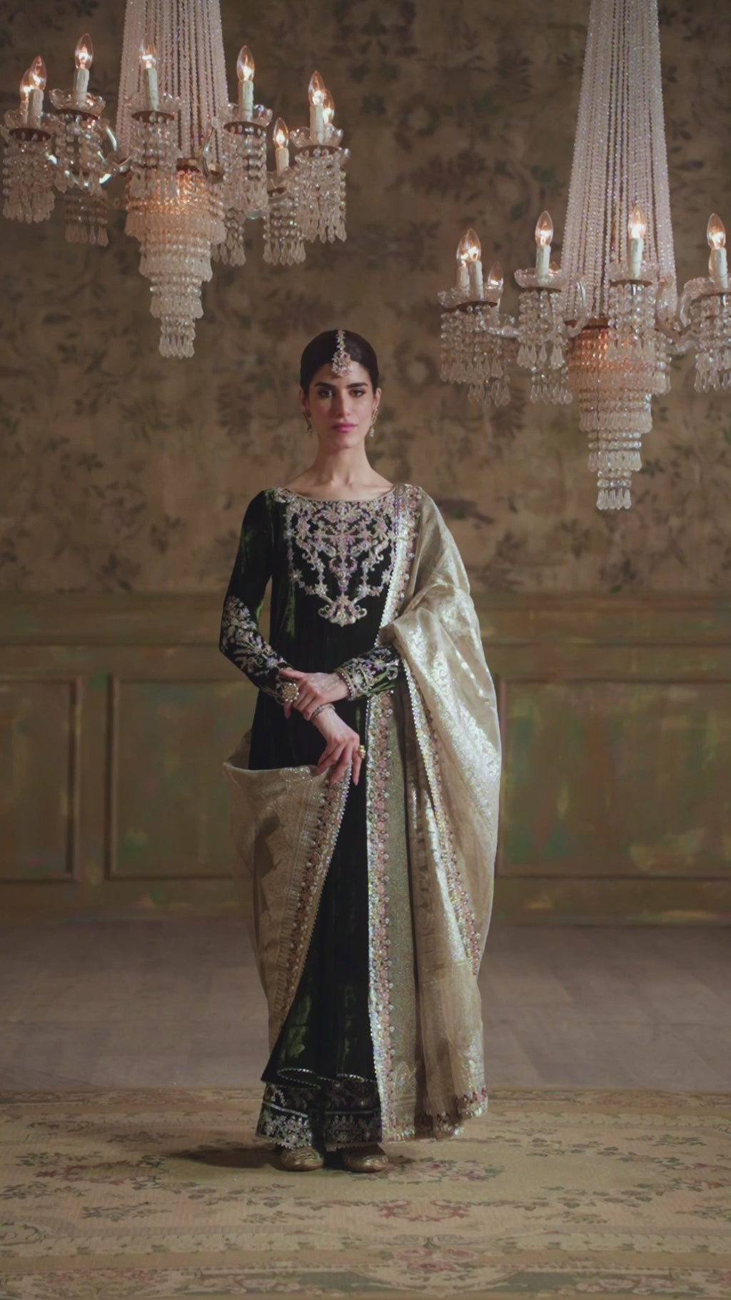 Olive Green Embroidered Velvet Salwar Kameez (3-Piece) - Image 6