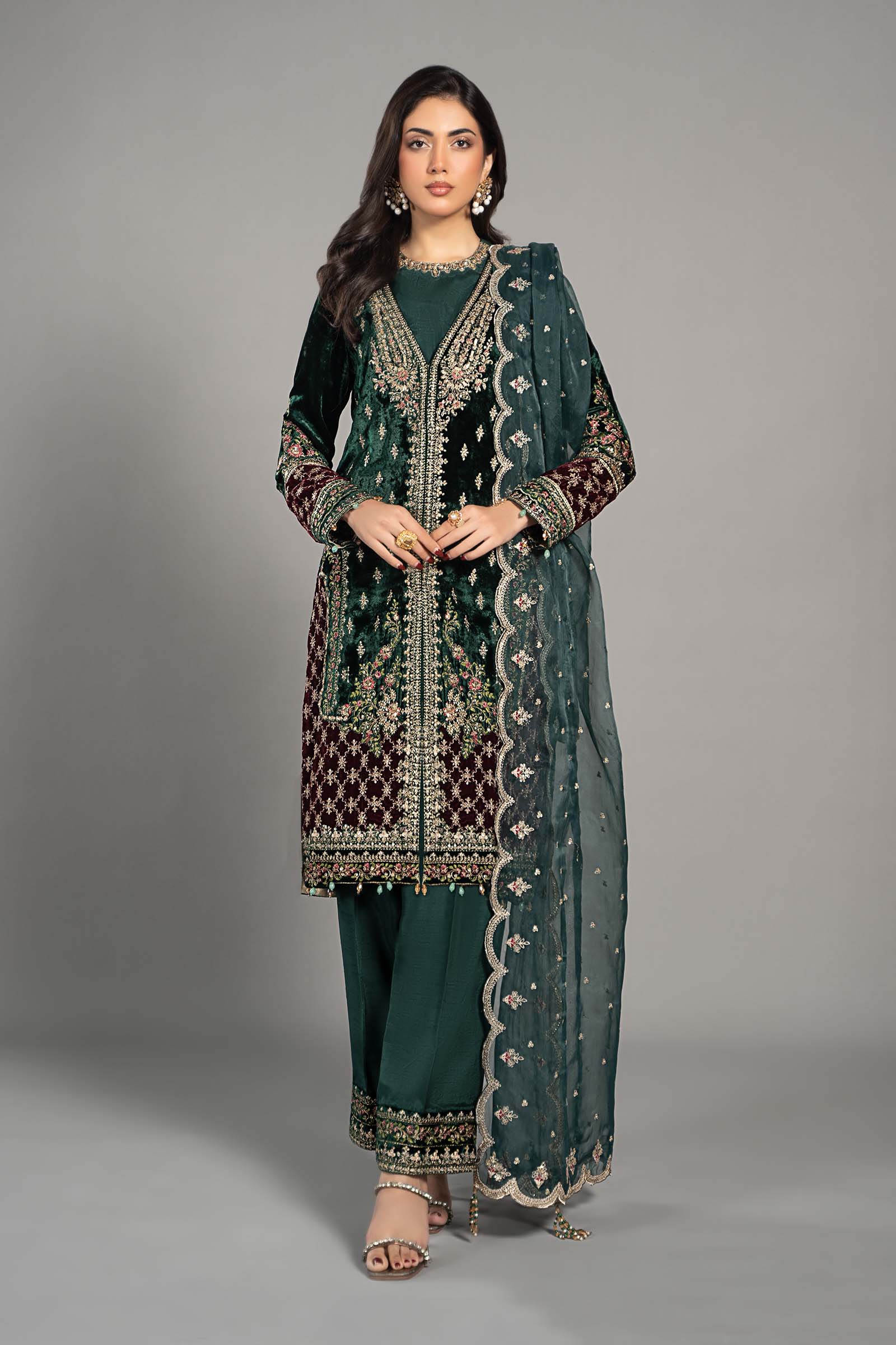 Emerald Green Embroidered Velvet & Raw Silk Suit (3-Piece) - Image 1