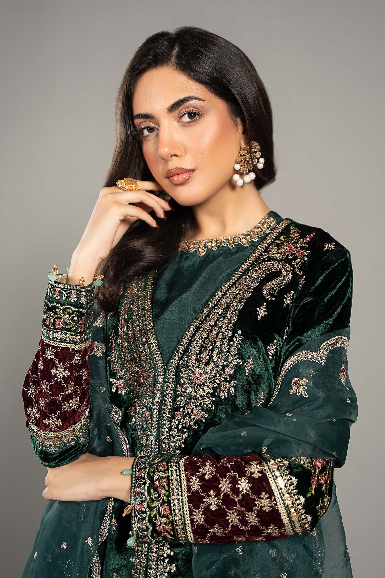 Emerald Green Embroidered Velvet & Raw Silk Suit (3-Piece) - Image 3