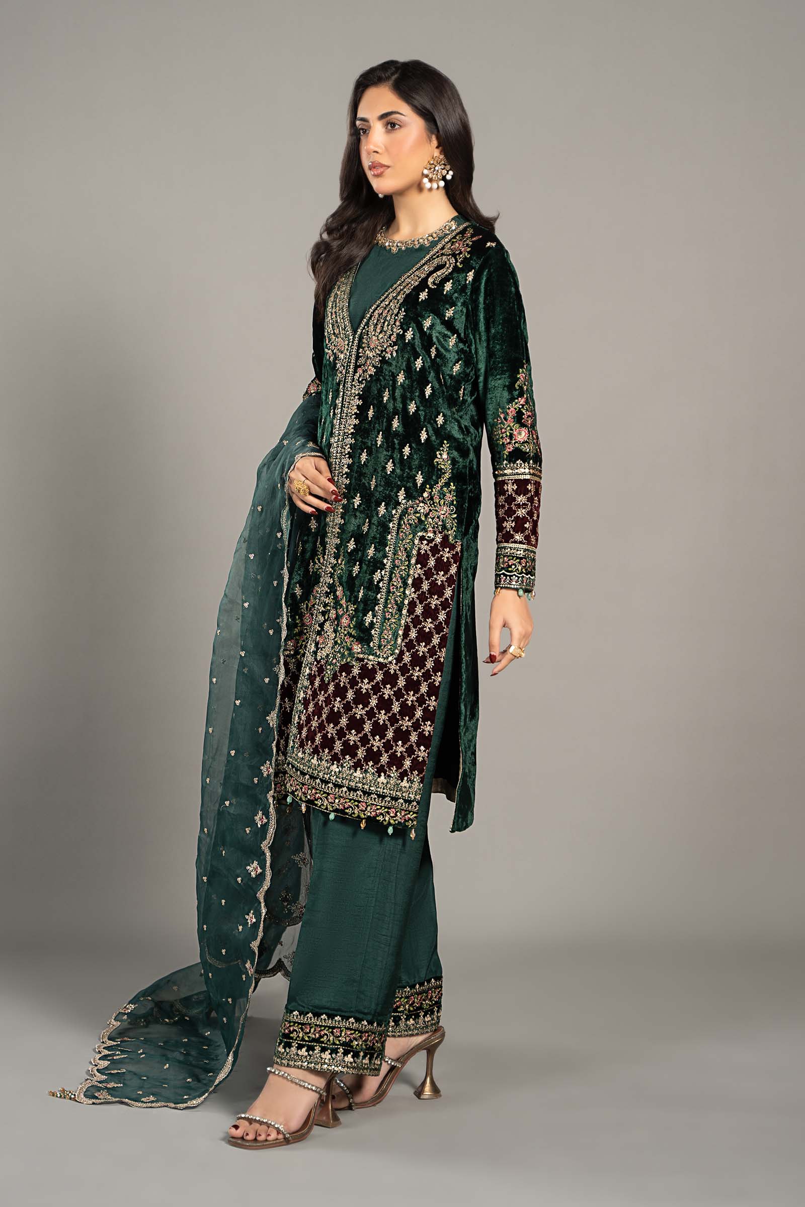 Emerald Green Embroidered Velvet & Raw Silk Suit (3-Piece) - Image 5