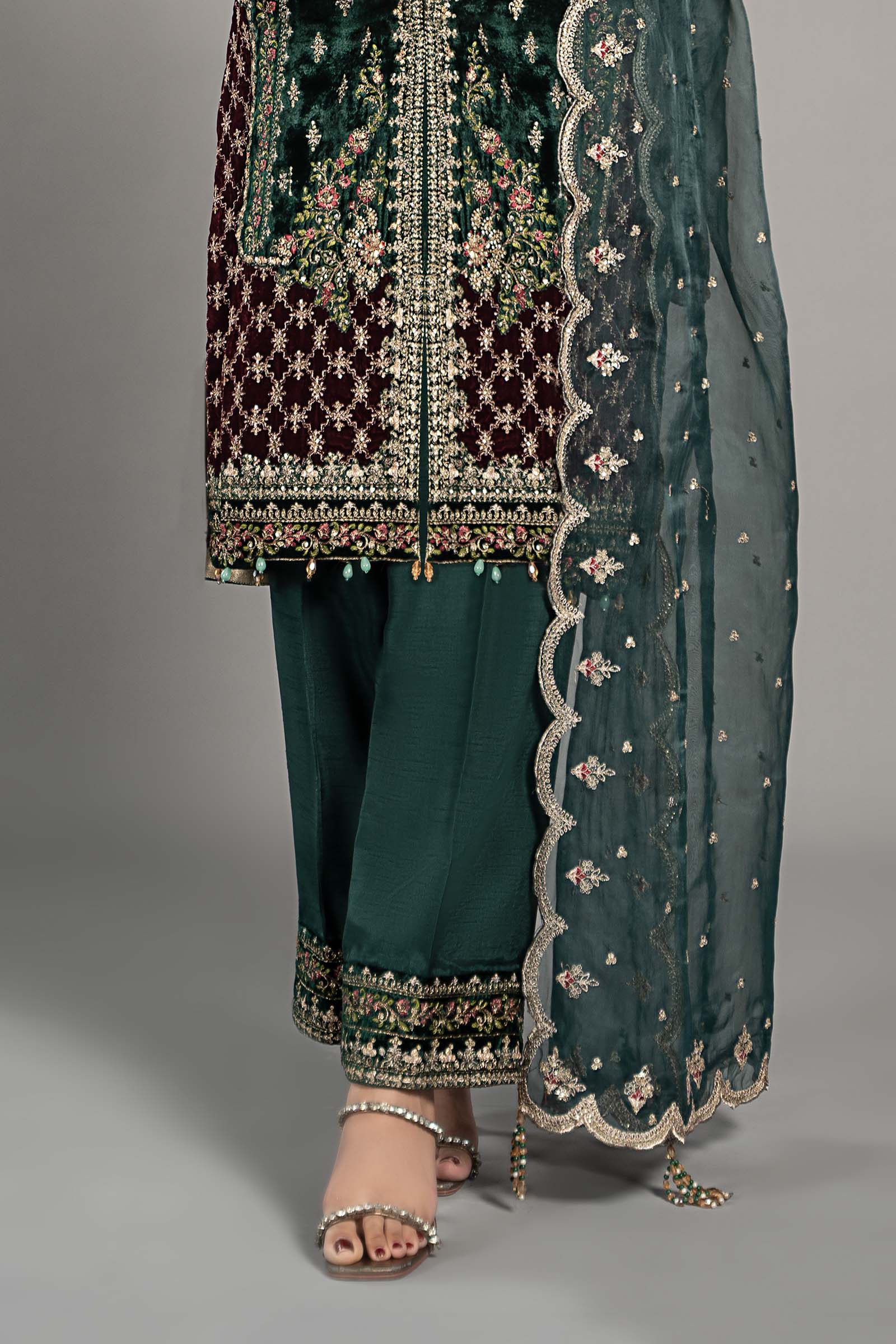 Emerald Green Embroidered Velvet & Raw Silk Suit (3-Piece) - Image 6