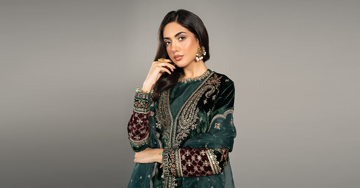 Emerald Green Embroidered Velvet & Raw Silk Suit (3-Piece) - Image 8