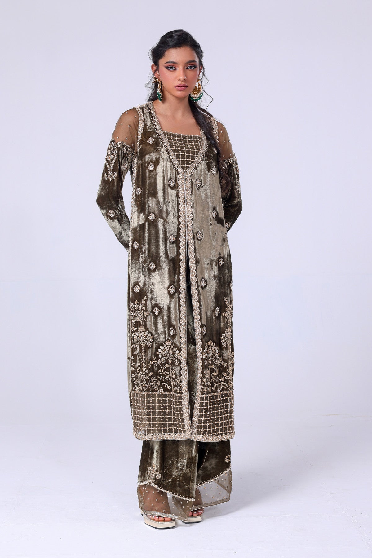 Pakistani Olive Green Zardozi Velvet Kameez (2-Piece) - Image 1