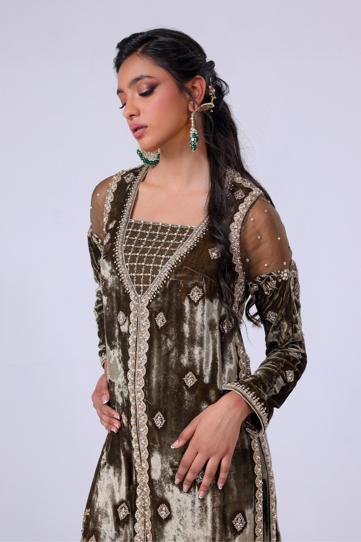 Pakistani Olive Green Zardozi Velvet Kameez (2-Piece) - Image 3