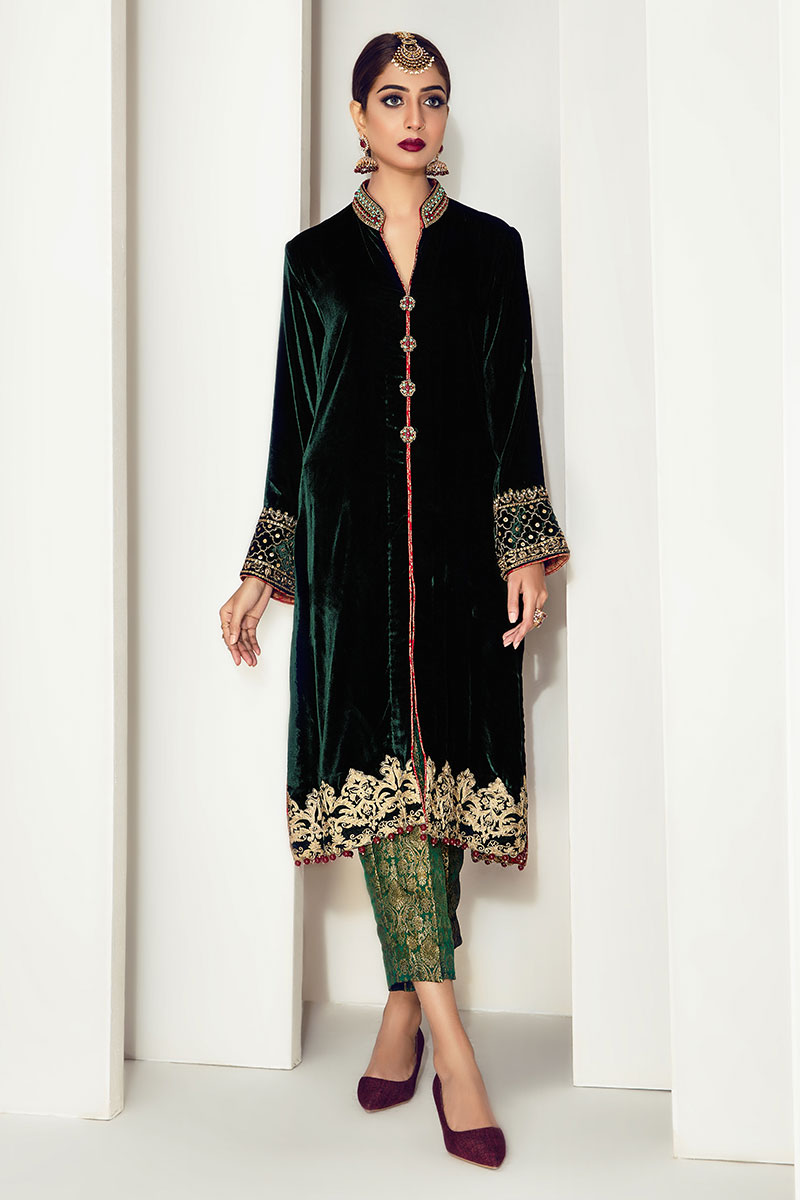 Deep Green Embroidered Velvet Salwar Kameez (3-Piece) - Image 1