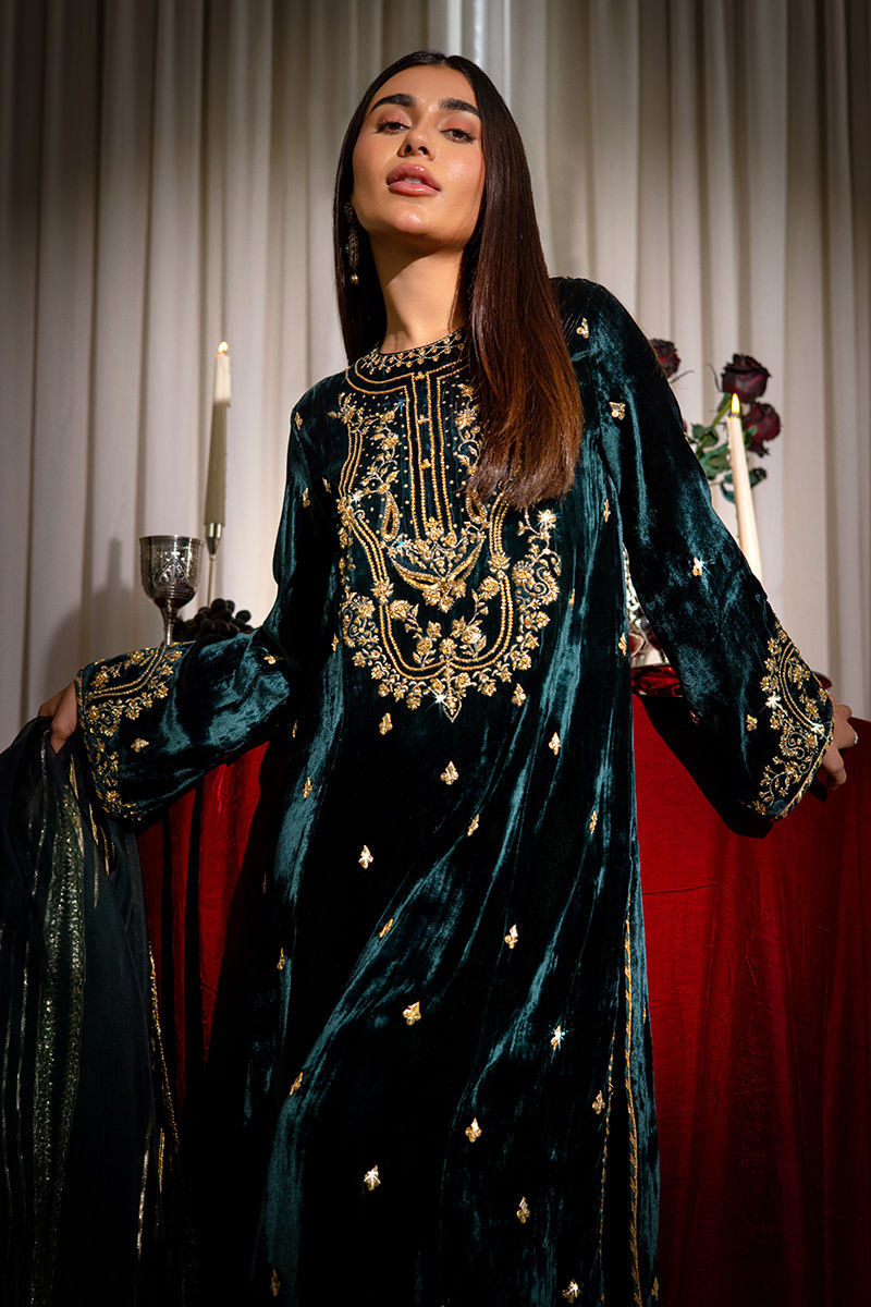 Emerald Zardozi Velvet Long Shirt (3-Piece) - Image 2