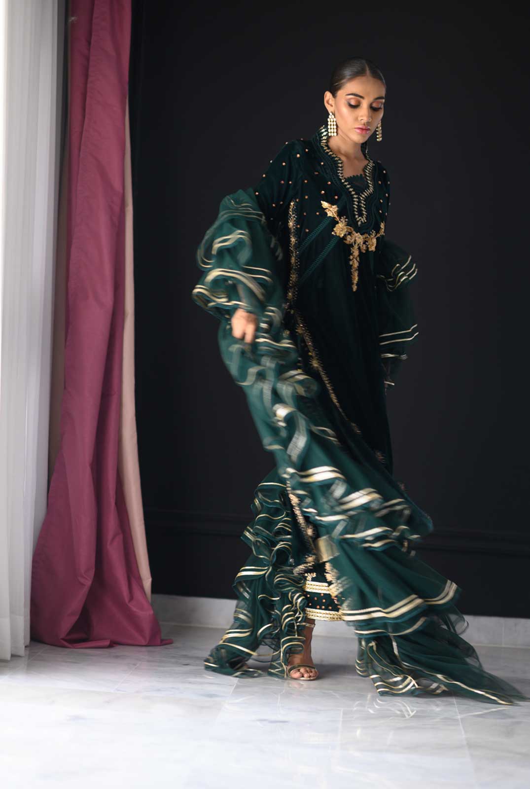 Deep Green Zardozi Velvet Salwar Kameez (3-Piece) - Image 1