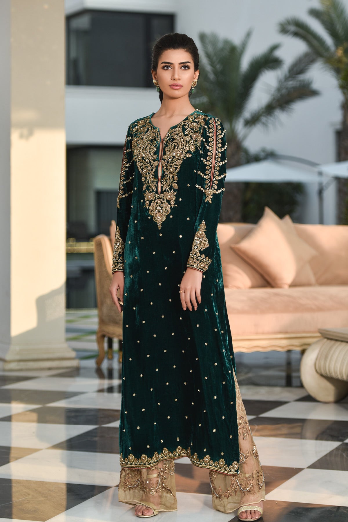 Emerald Green Zardozi Velvet Salwar Kameez (2-Piece) - Image 1