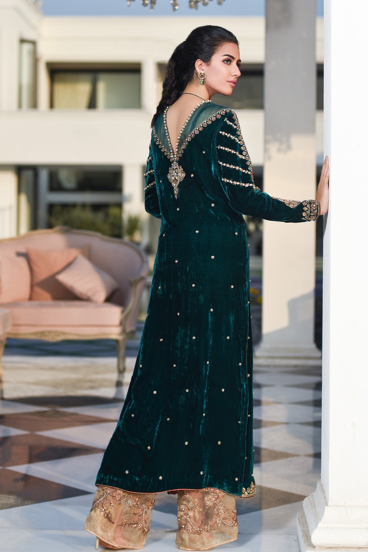 Emerald Green Zardozi Velvet Salwar Kameez (2-Piece) - Image 3