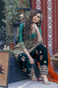 Emerald Green Hand-Embellished Velvet & Silk Salwar Kameez (3-Piece) - Image 1