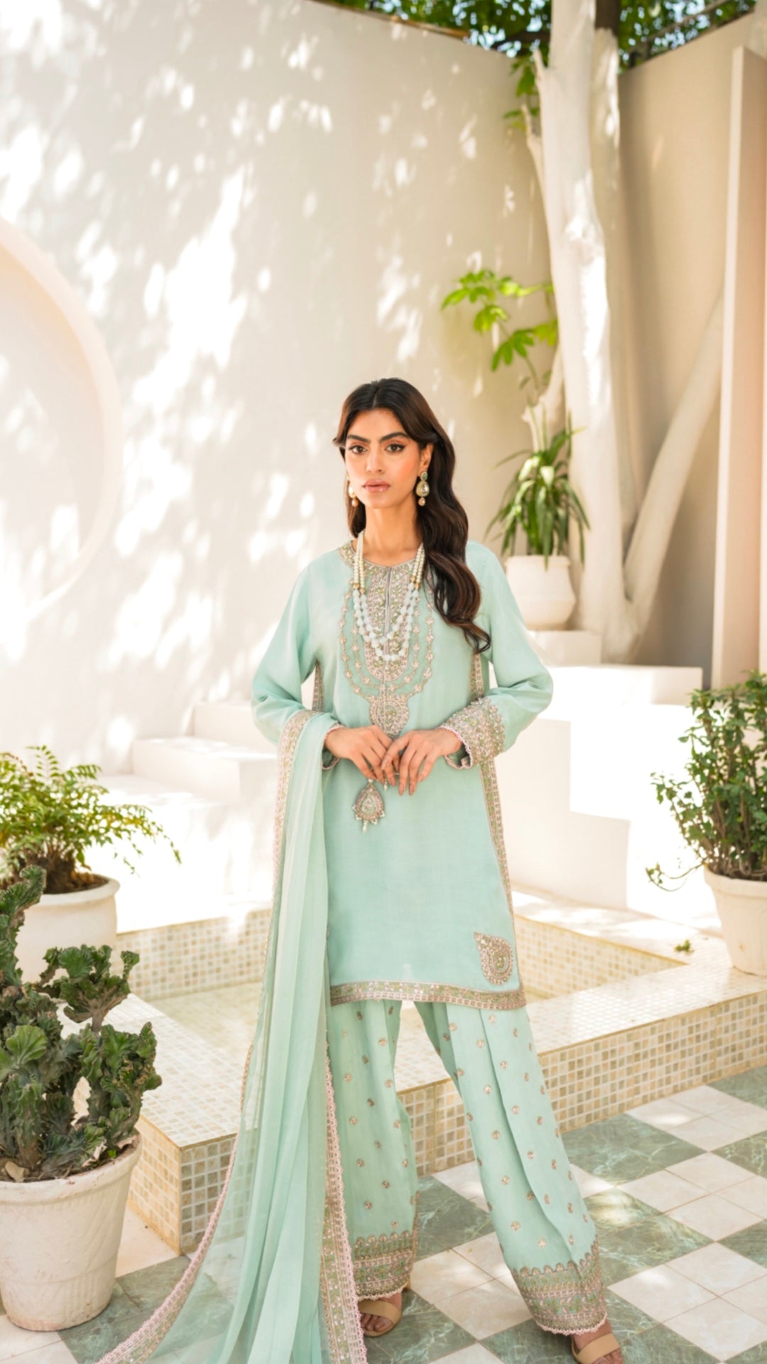 Pakistani Mint Embroidered Viscose Silk Salwar Kameez (3-Piece) - Image 1