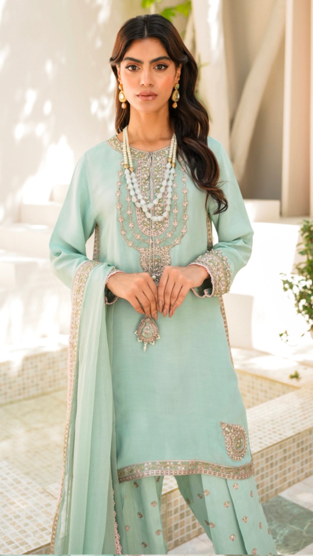 Pakistani Mint Embroidered Viscose Silk Salwar Kameez (3-Piece) - Image 2