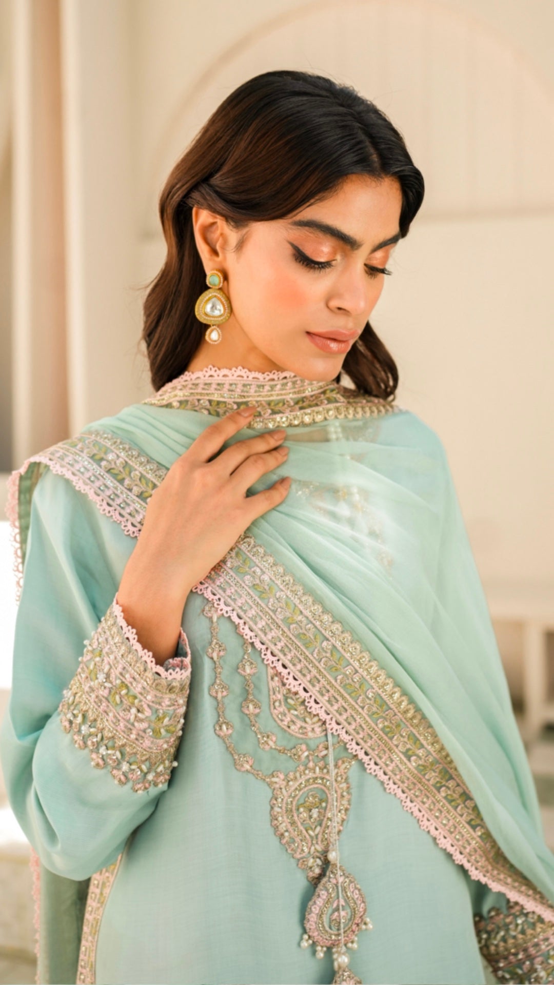 Pakistani Mint Embroidered Viscose Silk Salwar Kameez (3-Piece) - Image 3
