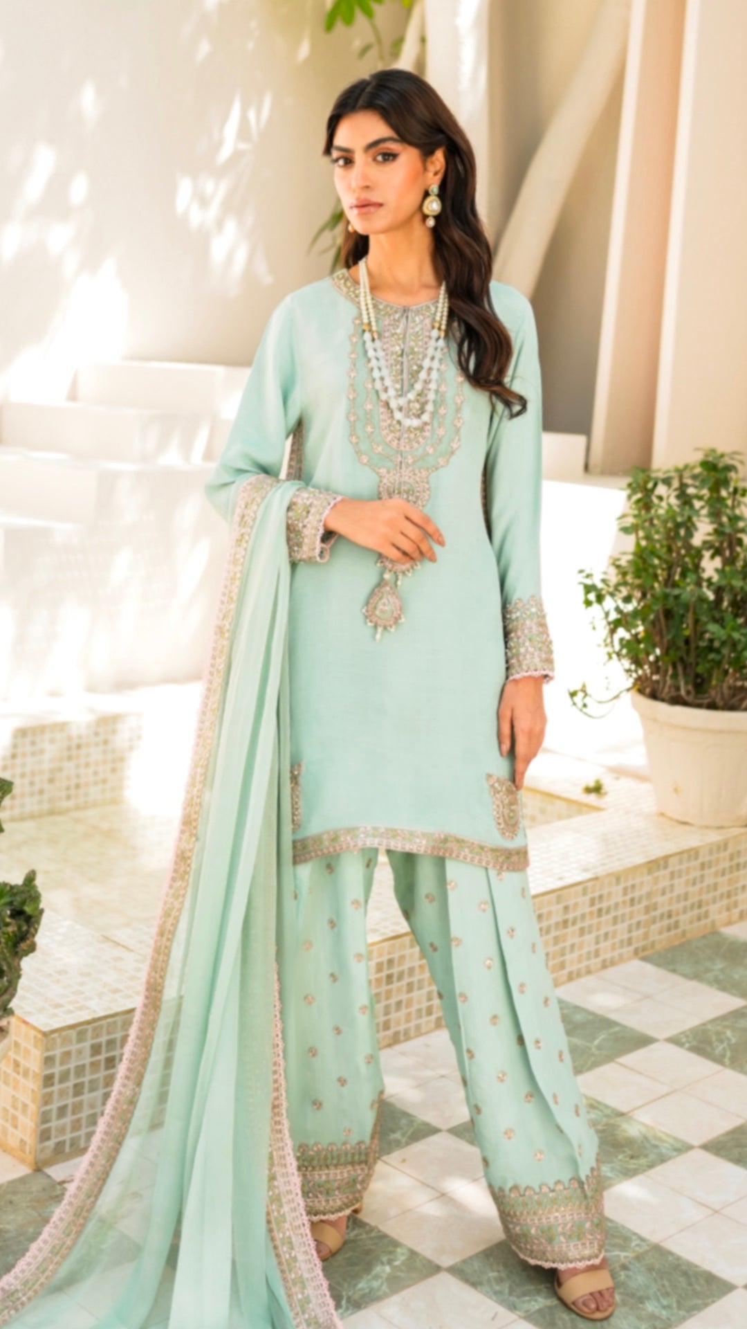 Pakistani Mint Embroidered Viscose Silk Salwar Kameez (3-Piece) - Image 4