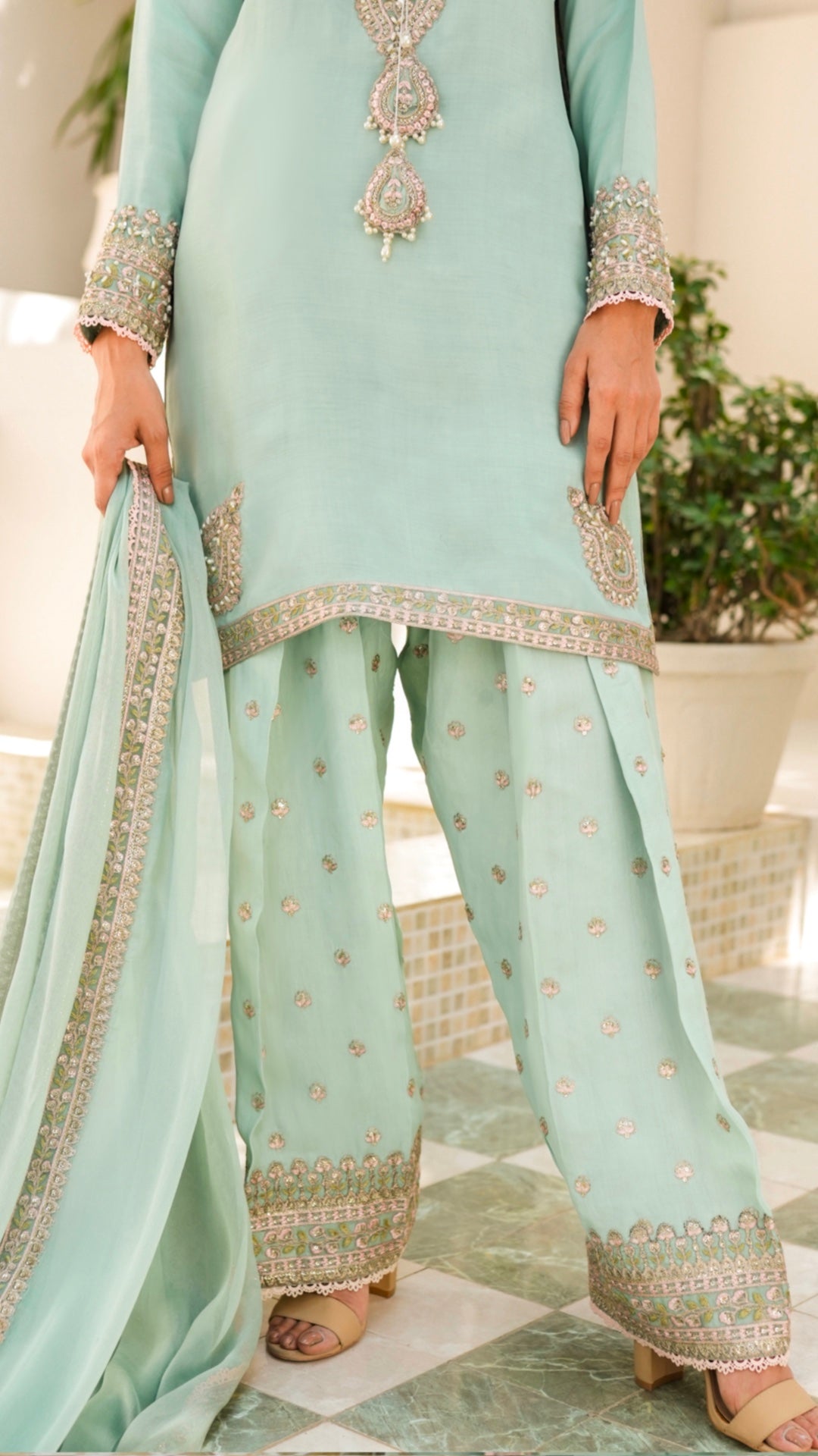 Pakistani Mint Embroidered Viscose Silk Salwar Kameez (3-Piece) - Image 5