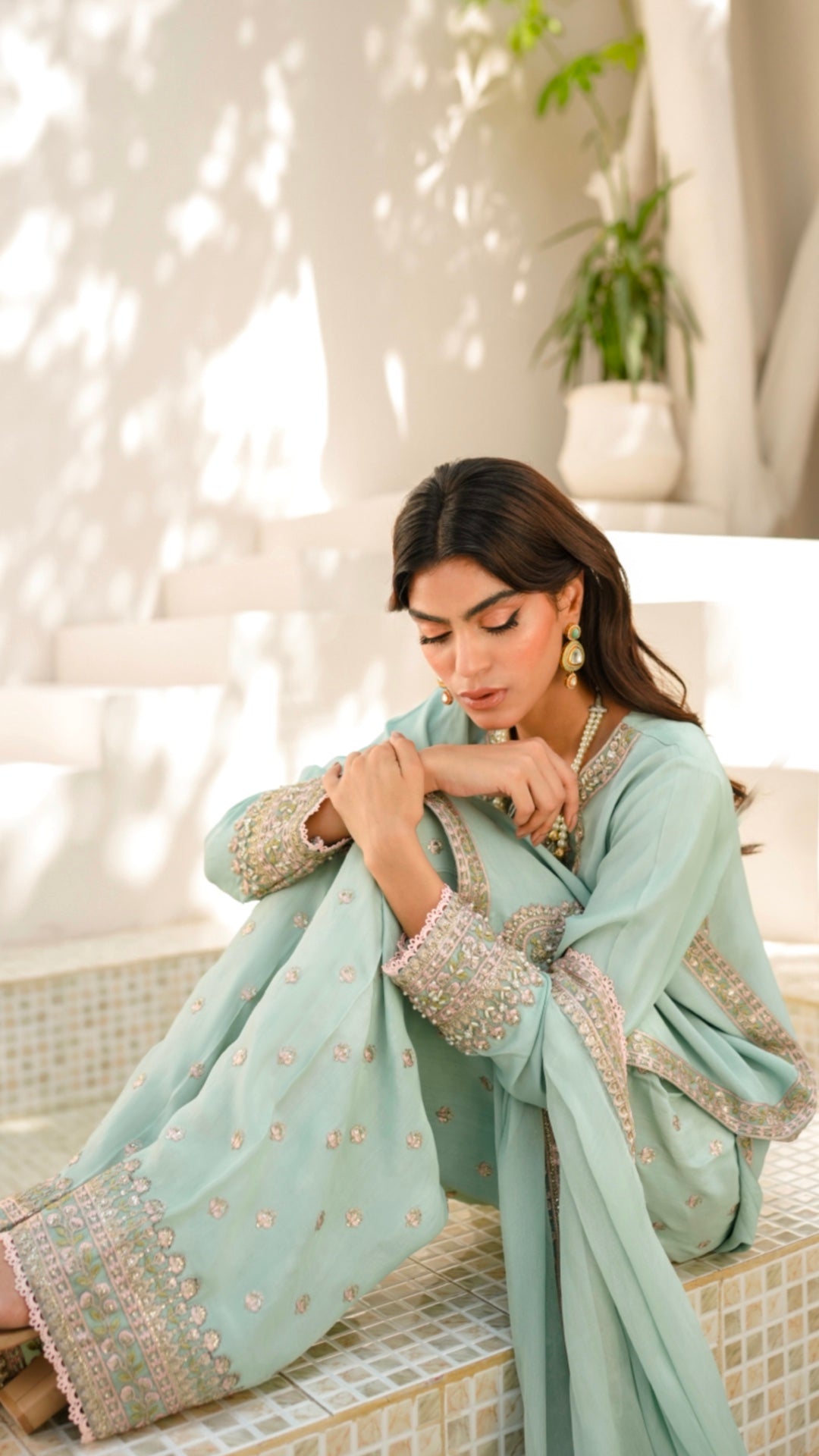 Pakistani Mint Embroidered Viscose Silk Salwar Kameez (3-Piece) - Image 6